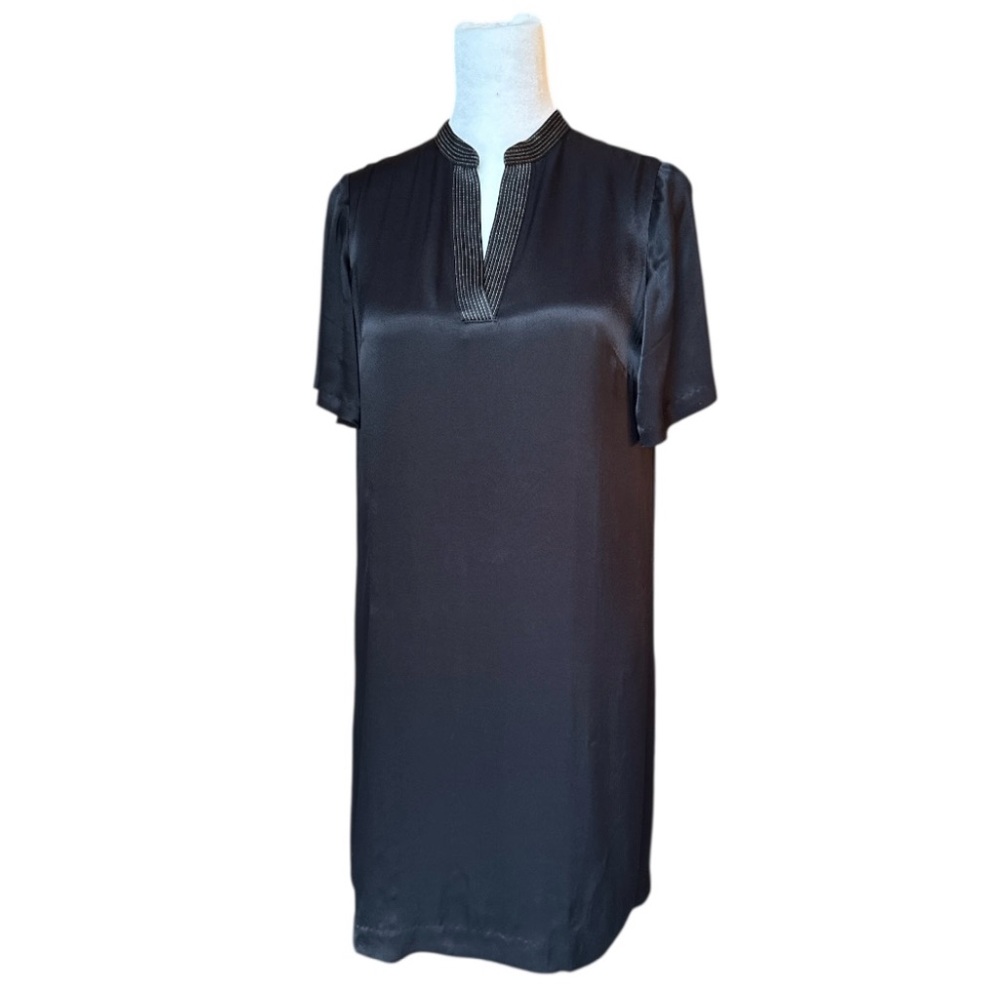 NWT Ann Taylor Shimmered Stitched Mock Split Neck Black Satin Dress Size XSP